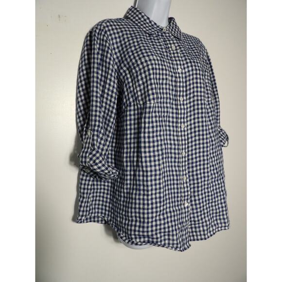 Talbots Linen 1XP Petite 1X Blouse Blue Gingham Plaid Button Up Picnic Collared - Picture 3 of 9